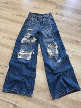 Aéropostale High Rise Super Wide Leg Jeans 000 Regular Distressed Streetwear Y2K